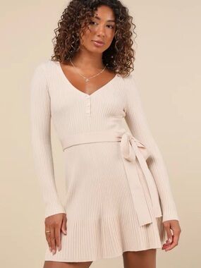 Lulu's Cream Ribbed Knit Mini Dress with Waist Tie